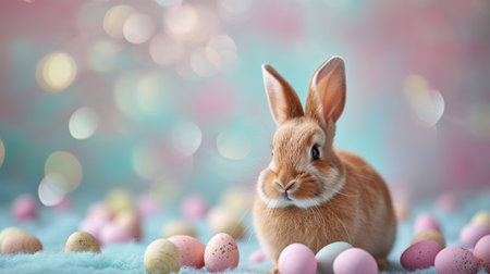 Happy Easter. Cute Easter bunny rabbit with festive decorated eggs. Bokeh background. Easter spring holiday concept.の素材