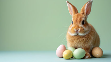 Cute Easter bunny rabbit on green background. Happy Easter holiday. Copy space.の素材