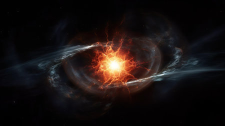 Birth of supernova star. Big bang explosion in outer space. The genesis of a new planet in the galaxy. Expansion of universe. Gas dust clouds nebula background.の素材