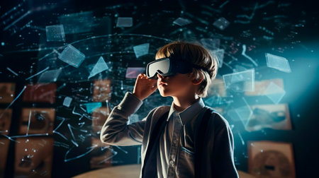 Astonished school boy student studying exact mathematical sciences geometry using VR glasses virtual headset and digital hologram. Classroom background. A kid pupil creative solution while studying. Exact sciences imagination innovation education knowledge study concept.の素材