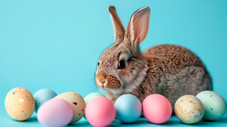 Easter spring bunny rabbit on blue background. Happy Easter holiday.の素材