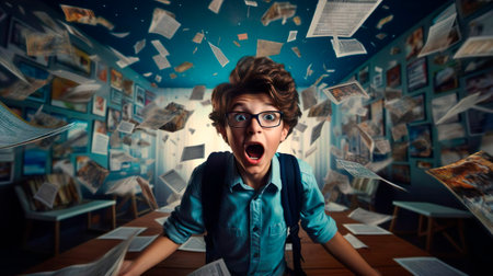 Astonished school boy student has a great brilliant idea. Floating flying books background. A kid pupil creative solution for problem while studying in the classroom or campus. Brainstorm idea imagination innovation education knowledge cognitive skills passing the exam concept.の素材