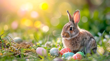 Long-eared charming Easter bunny rabbit hare with decorated eggs in the spring. Happy Easter holiday.の素材