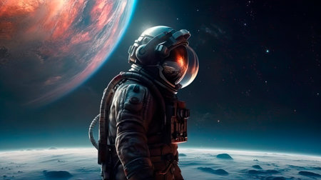 The future of humanity. An astronaut on an alien planet. Scientific expedition into deep space in order to search for new planets adapted for human life. Mission flight to new galaxy and stars. Discovering new places in the universe.の素材