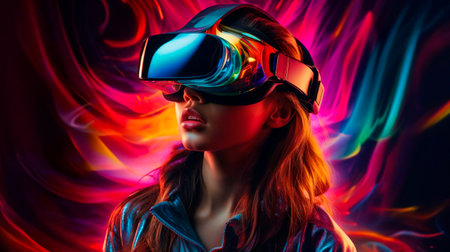 Female gamer woman with virtual reality glasses and futuristic game for VR gaming in cyber world. Digital experience and cyberpunk background. Technology simulation hi-tech virtual headset. A girl with virtual goggle playing augmented reality game entertainment.の素材