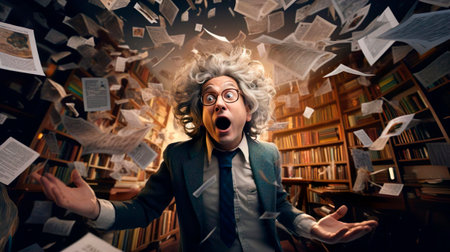 The critic writes a review of the book. Book Publishing house publishes short stories novels novellas fairy tales literary works. The man writer poet writing a new poem. Floating flying books.の素材