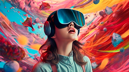 Amazed female gamer woman with virtual reality glasses and futuristic game for VR gaming in cyber world. Digital experience and cyberpunk background. Technology simulation hi-tech virtual headset. A girl with virtual goggle playing augmented reality game entertainment.の素材