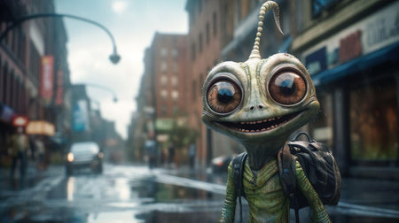 Friendly smiling cute green alien in the city street. Strangers among us.の素材