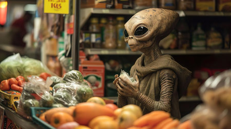 The smiling green alien in the grocery store chooses healthy vegetables. Strangers among us.の素材