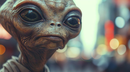 Portrait of the alien on a city street. The invader spy stranger among us. Copy space.の素材