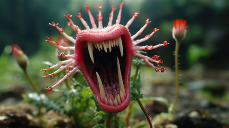 Angry flower with sharp teeth. Carnivorous predatory plant. Scary horror haunted and creepy curly flytrap.の素材