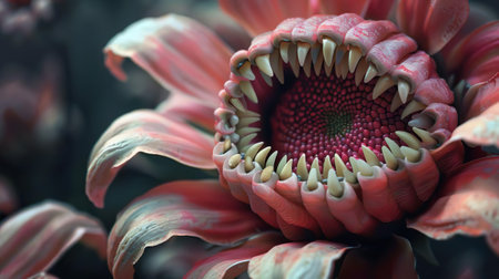 Angry flower with sharp teeth. Carnivorous predatory plant. Scary horror haunted and creepy curly flytrap.の素材