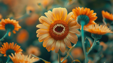 Cute smiling flower with teeth. Carnivorous predatory plant. Horror haunted strange and creepy flytrap.の素材