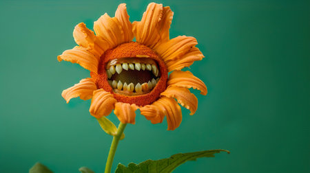 Scary smiling laughing flower with sharp teeth. Carnivorous predatory plant. Horror haunted strange and creepy curly flytrap.の素材