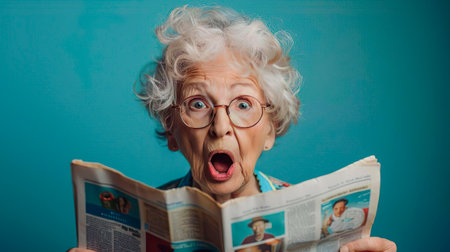 The female pensioner is angry by the news in the newspaper about the rising food prices and lower pensions. Senior old mature woman is sad, confused, surprised. Financial crisis bad news.の素材