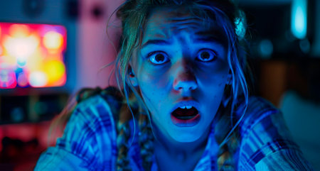 A teenager girl young woman watching horror movie sitting on couch in living room at night. Beautiful scared girl watching thriller alone at home. Real emotions.の素材