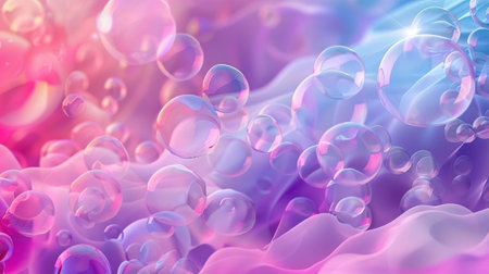 Iridescent air bubbles background. Abstract purple pink blue bubbles. Futuristic glowing fluid design.の素材