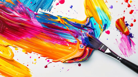 Splash of flowing multicolored liquid paint on white background with paintbrush. A modern trendy abstract background. Template for a design presentation, flyer, postcard, web page. Art concept.の素材