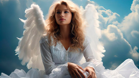 A beautiful young woman an angel with big white wings is sitting in heaven. Faith religion love forgiveness concept. Blue sky with white clouds background.の素材