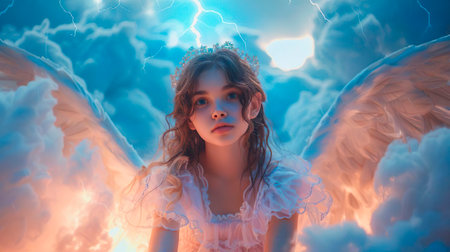 A female angel with big white glowing wings is sitting in the clouds in the sky. Faith religion heaven love forgiveness concept.の素材
