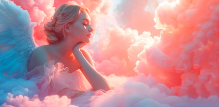 A female angel sits in heaven and watches the life of people on earth. Pink clouds in the sky background. Faith religion love forgiveness concept. Copy space.の素材