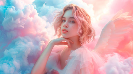 An angel with big white wings is sitting in the sky in pink clouds. Faith religion heaven love forgiveness concept. Religious holidaysの素材