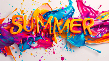 Summer colorful lettering design. Summer vibes, typographic inscription. Splashes of paint on light background. Holiday poster. Handwritten lettering.の素材