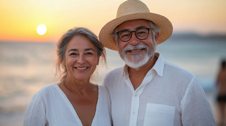 A couple of retired smiling seniors spending their retirement vacation together enjoying golden summer. The concept of travel, recreation, and retirement for people of retirement age.の素材