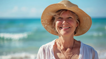 Smiling elderly woman walking by sea at beach. Active lifestyle, travel and joy.の素材