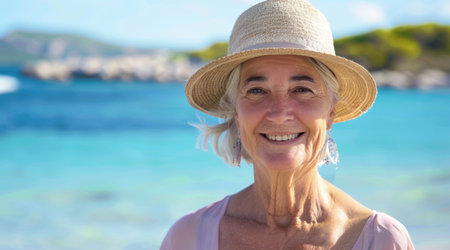 Portrait of smiling pensive senior woman in a straw hat by the sea. Elderly white-haired lady enjoying freedom, relax and retirement. Copy space.の素材