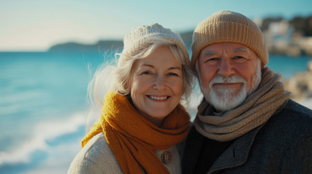 Loving active senior couple spending their retirement vacation together. An elderly couple stands hugging on the beach by the sea in winter. The concept of travel, recreation, and retirement for people of retirement age.の素材