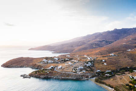Agios Romanos, Tinos/Greece - September 10th 2019: Aerial view of the area during sunsetのeditorial素材
