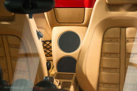 Close up of speaker in convertible car interiorの写真素材