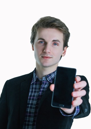 Business man showing mobile phone blank screen isolated on white background.の写真素材