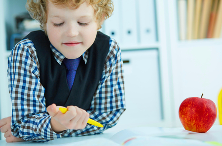 Little Caucasian schoolboy writing in a notebook sitting at a table . Red apple lies next to the table. Time for lunch.の写真素材