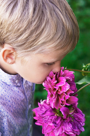 Child smelling bouquet of peonies. Early learning botany.の写真素材