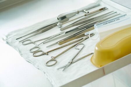 Medical instruments for surgery are on metal table in the operating roomの写真素材