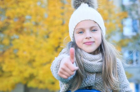 Attractive little girl showing thumbs up and having fun on outdoor playground equipment in autumn.