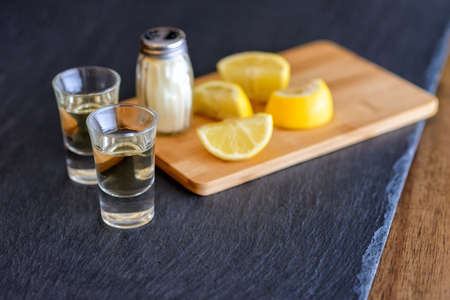 Tequila with salt and lemonsの写真素材