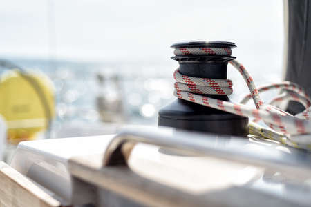 winch on the deck of a sailing yachtの写真素材