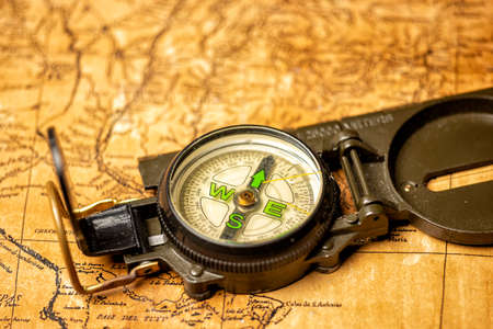 old expedition map with oldfashioned magnetic compassの写真素材
