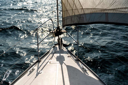 bow of a sailing yacht on the oceanの写真素材