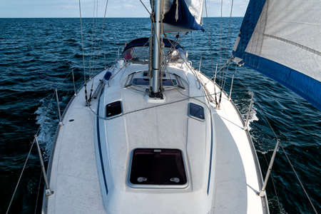 sailing on a sailing yacht on the oceanの写真素材