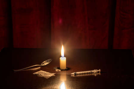 injection, candle and Heroine of a junkieの写真素材