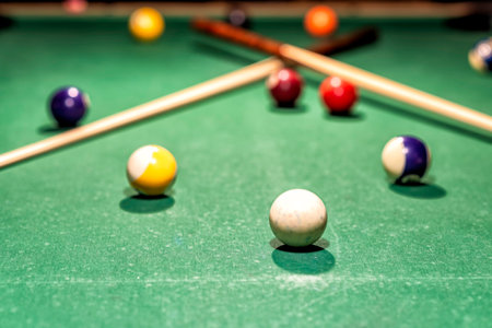 Billiard table in an old castle with billiard balls and billiard cuesの写真素材