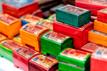 little colorful wooden boxes on a market in Krakow in Polandの写真素材