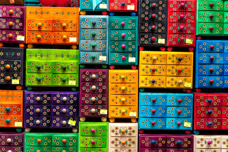 little colorful wooden boxes on a market in Krakow in Polandの写真素材