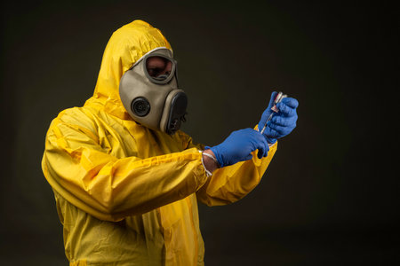 man in a protective suit with a gas mask during a disaster drillの写真素材