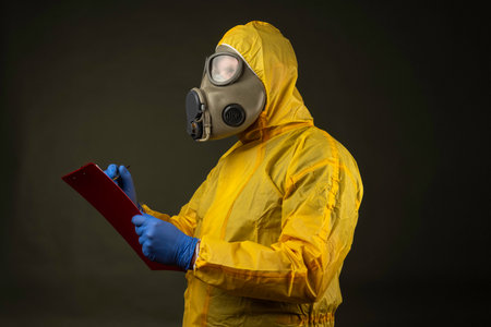 man in a protective suit with a gas mask during a disaster drill