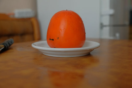 A persimmon on a white plate is placed on a brown table.の写真素材